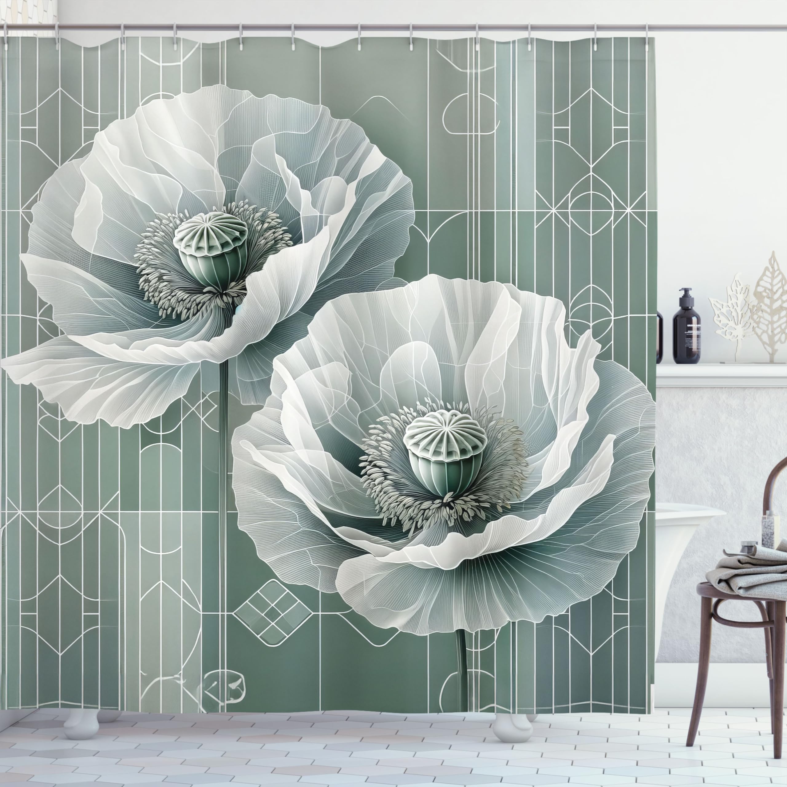 Ambesonne Green Shower Curtain, Futuristic Design Of Poppy Flowers With Dreamy Petals And Scandi Lines, Cloth Fabric Bathroom De